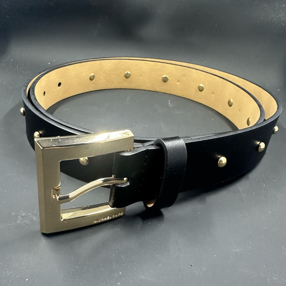 Michael Kors Gold Studded Leather Belt- Black SIZE XL